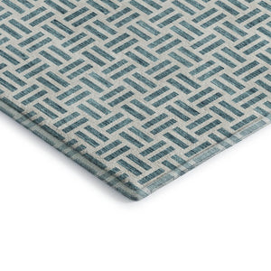 HomeRoots 10' X 14' Teal & Ivory Geometric Area Rug - Washable, UV Protected, Ideal for Homes with Kids & Pets 677285