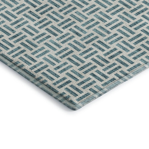 HomeRoots 10' X 14' Teal & Ivory Geometric Area Rug - Washable, UV Protected, Ideal for Homes with Kids & Pets 677285