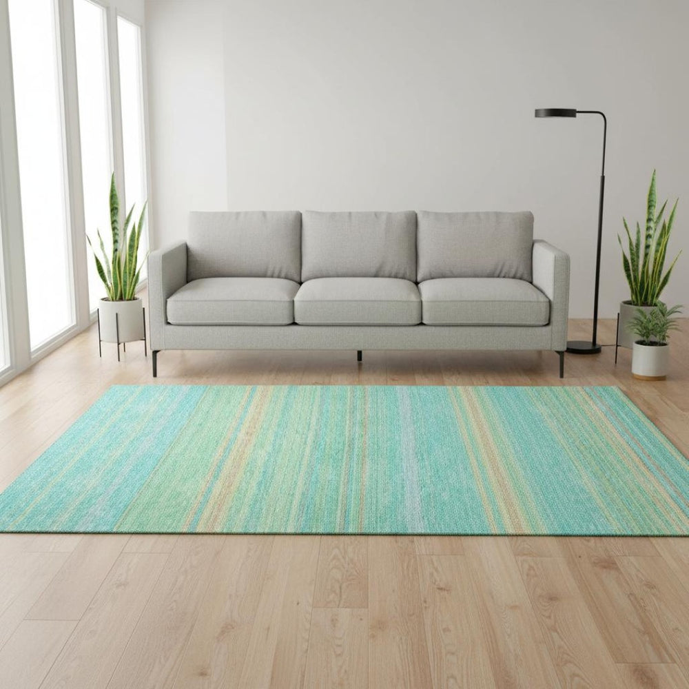 HomeRoots 5' X 8' Vibrant Aqua, Yellow & Peach Striped Washable Area Rug with UV Protection for Busy Homes 677287