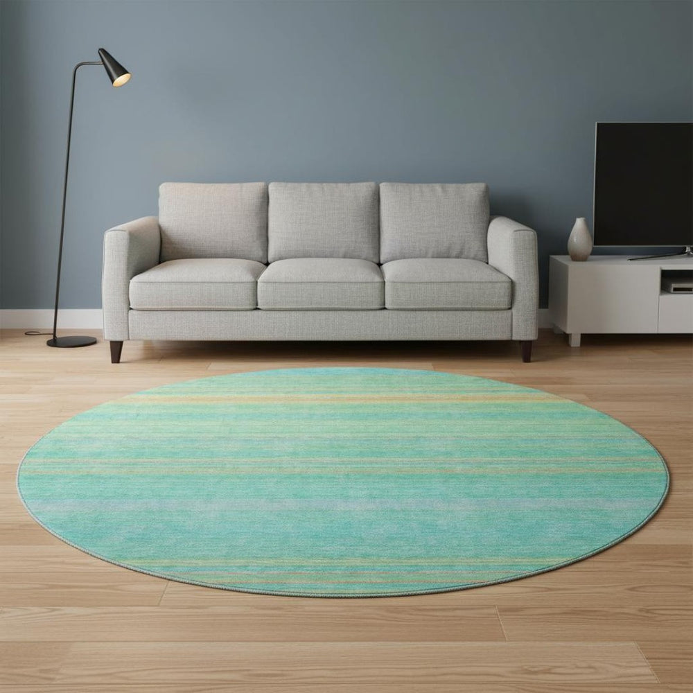 HomeRoots 8' Round Aqua Yellow Peach Striped Washable Rug with UV Protection for Indoor & Outdoor Spaces 677288
