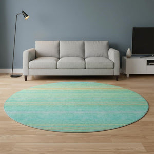 HomeRoots 8' Round Aqua Yellow Peach Striped Washable Rug with UV Protection for Indoor & Outdoor Spaces 677288