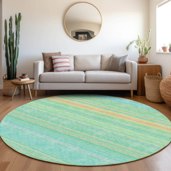 HomeRoots 8' Round Aqua Yellow Peach Striped Washable Rug with UV Protection for Indoor & Outdoor Spaces 677288