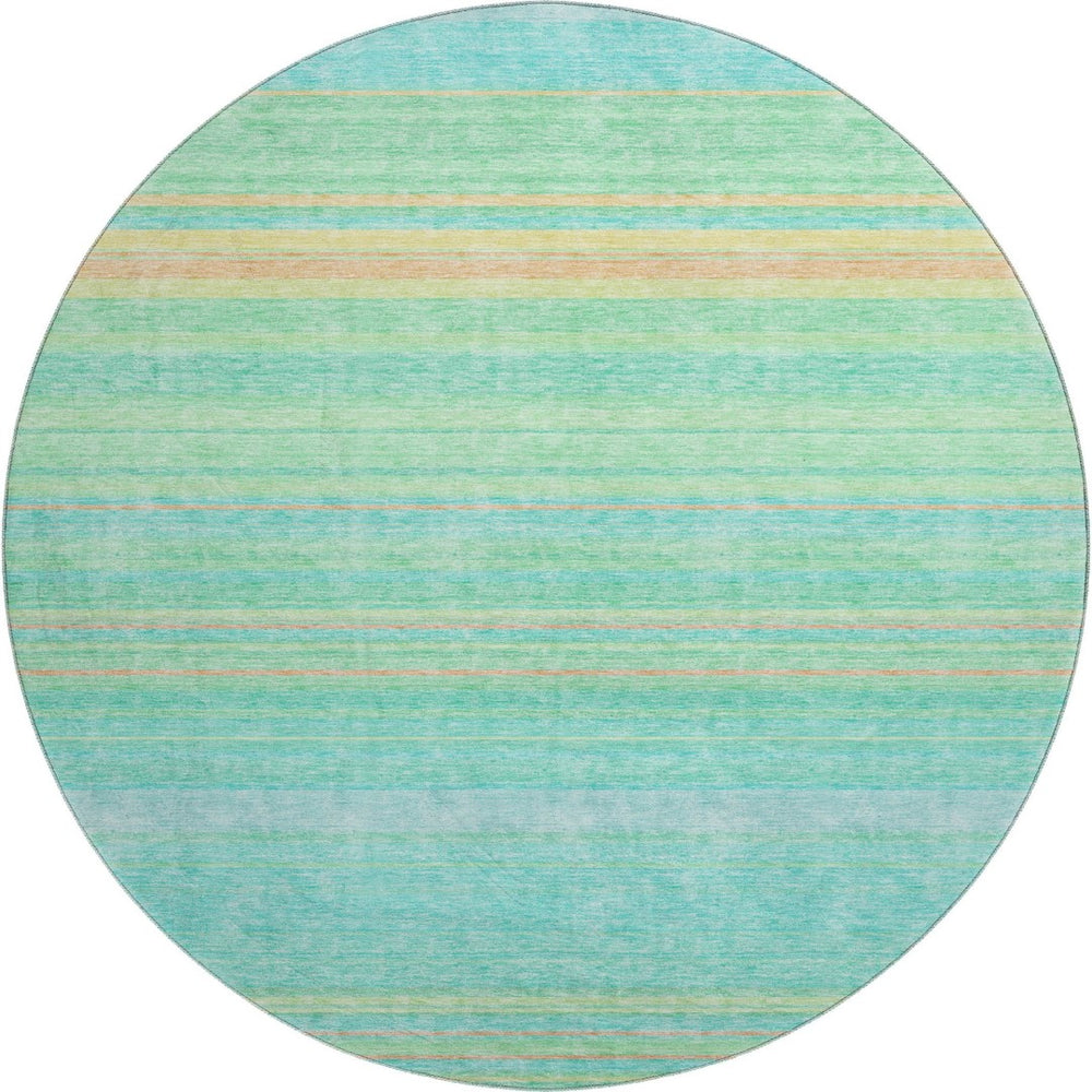 HomeRoots 8' Round Aqua Yellow Peach Striped Washable Rug with UV Protection for Indoor & Outdoor Spaces 677288