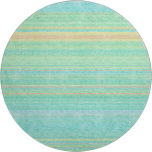 HomeRoots 8' Round Aqua Yellow Peach Striped Washable Rug with UV Protection for Indoor & Outdoor Spaces 677288