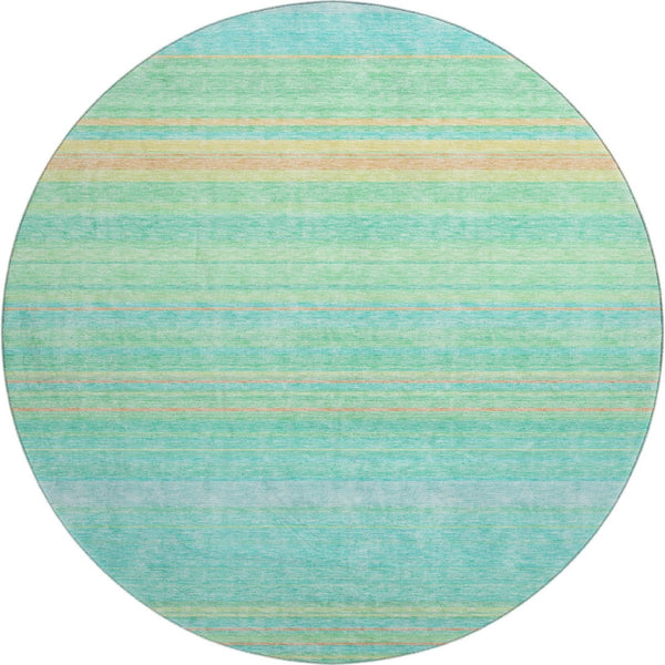 HomeRoots 8' Round Aqua Yellow Peach Striped Washable Rug with UV Protection for Indoor & Outdoor Spaces 677288