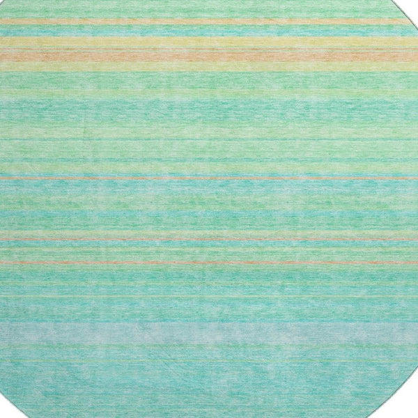 HomeRoots 8' Round Aqua Yellow Peach Striped Washable Rug with UV Protection for Indoor & Outdoor Spaces 677288