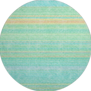 HomeRoots 8' Round Aqua Yellow Peach Striped Washable Rug with UV Protection for Indoor & Outdoor Spaces 677288
