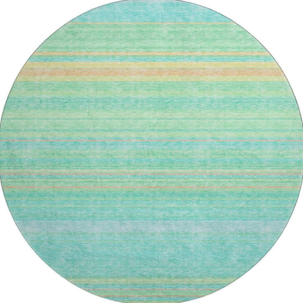 HomeRoots 8' Round Aqua Yellow Peach Striped Washable Rug with UV Protection for Indoor & Outdoor Spaces 677288