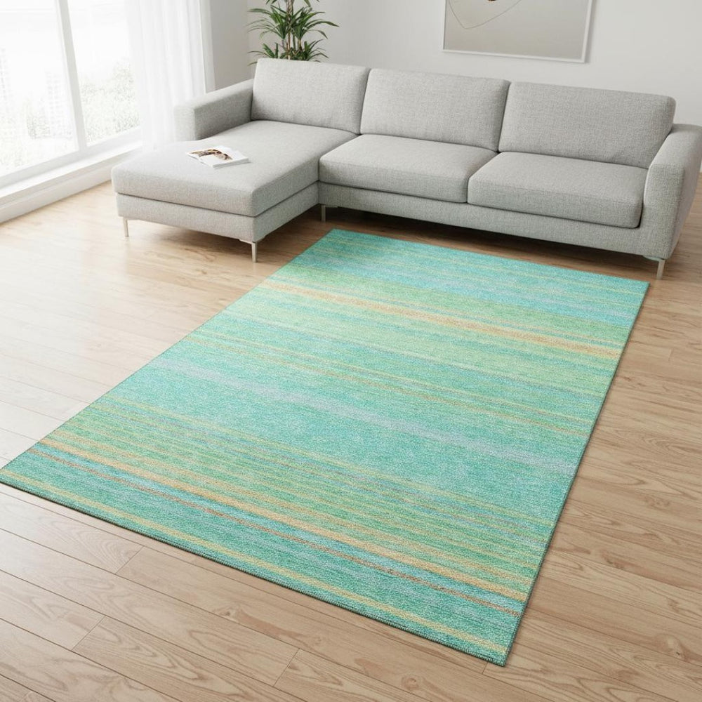 HomeRoots 8' X 10' Aqua Yellow & Peach Striped Washable Area Rug – UV Protected, Durable & Stylish Essential! 677289