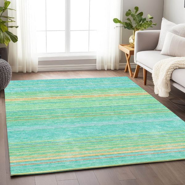 HomeRoots 8' X 10' Aqua Yellow & Peach Striped Washable Area Rug – UV Protected, Durable & Stylish Essential! 677289