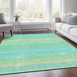 HomeRoots 8' X 10' Aqua Yellow & Peach Striped Washable Area Rug – UV Protected, Durable & Stylish Essential! 677289