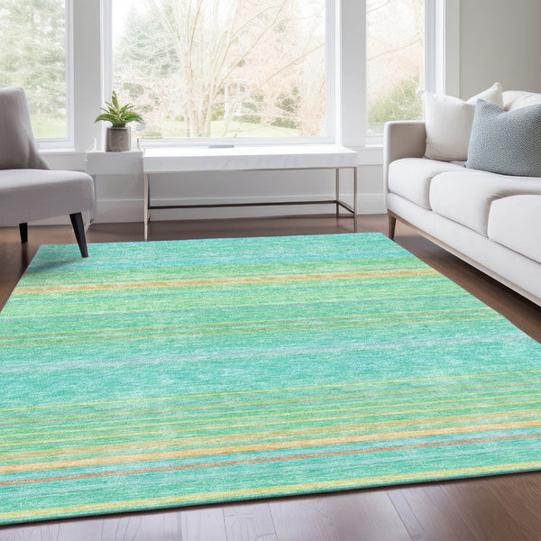 HomeRoots 8' X 10' Aqua Yellow & Peach Striped Washable Area Rug – UV Protected, Durable & Stylish Essential! 677289