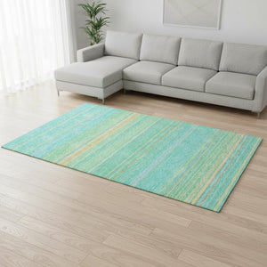HomeRoots 9' X 12' Striped Aqua Yellow and Peach Area Rug – Washable, UV-Protected, Perfect for Families! 677290