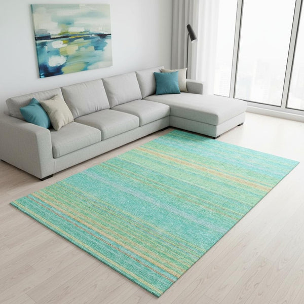 HomeRoots 10' Vibrant Aqua Yellow Peach Striped Washable Area Rug with UV Protection for Busy Homes 677291