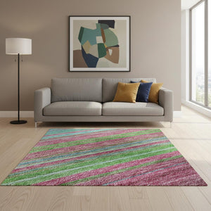 HomeRoots 5' X 8' Blush Green & Blue Striped Washable Area Rug - UV Protection, Stain-Resistant, Cozy Style! 677293