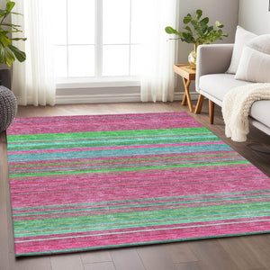 HomeRoots 5' X 8' Blush Green & Blue Striped Washable Area Rug - UV Protection, Stain-Resistant, Cozy Style! 677293
