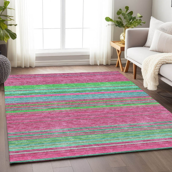 HomeRoots 5' X 8' Blush Green & Blue Striped Washable Area Rug - UV Protection, Stain-Resistant, Cozy Style! 677293