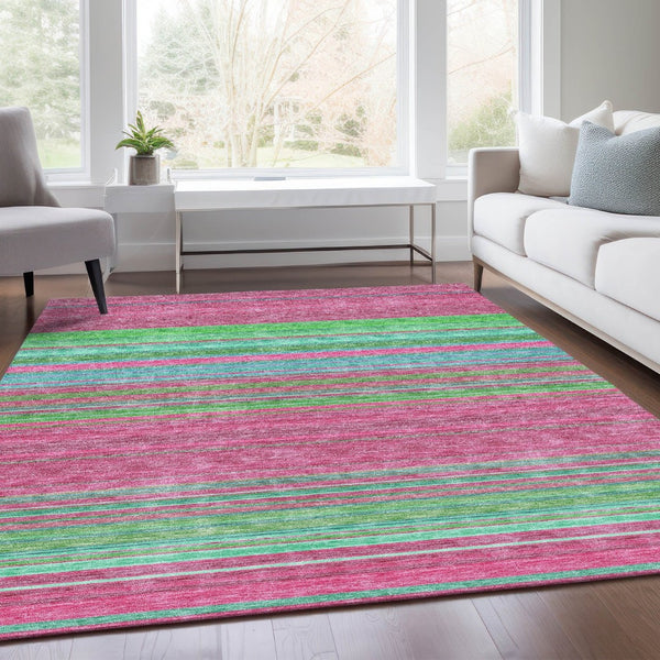 HomeRoots 5' X 8' Blush Green & Blue Striped Washable Area Rug - UV Protection, Stain-Resistant, Cozy Style! 677293