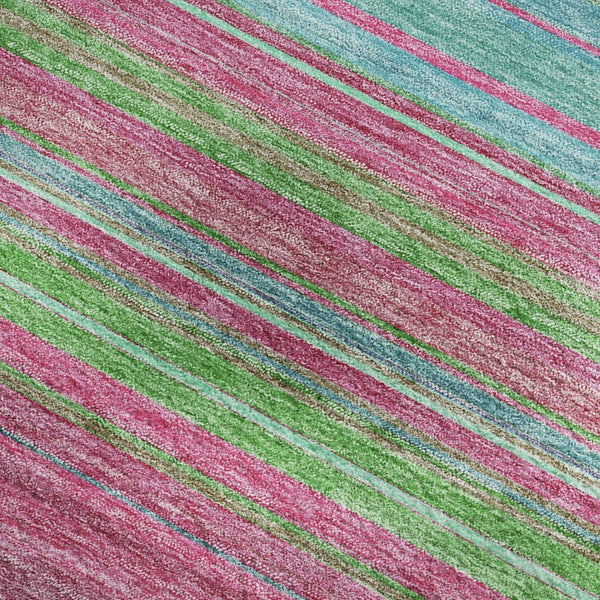 HomeRoots 5' X 8' Blush Green & Blue Striped Washable Area Rug - UV Protection, Stain-Resistant, Cozy Style! 677293