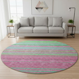 HomeRoots 8' Stylish Blush Green and Blue Striped Washable Round Rug with UV Protection for Easy Living Spaces 677294