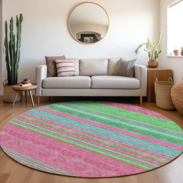 HomeRoots 8' Stylish Blush Green and Blue Striped Washable Round Rug with UV Protection for Easy Living Spaces 677294