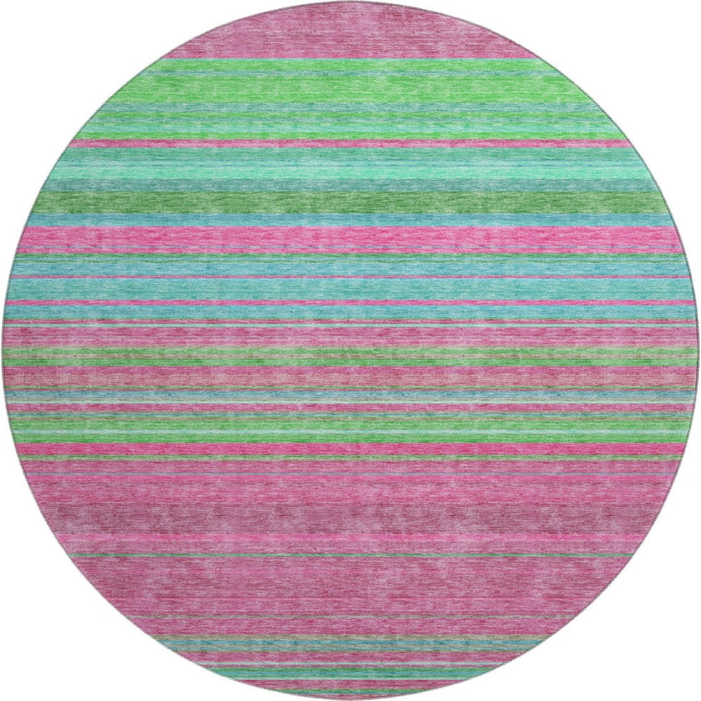 HomeRoots 8' Stylish Blush Green and Blue Striped Washable Round Rug with UV Protection for Easy Living Spaces 677294