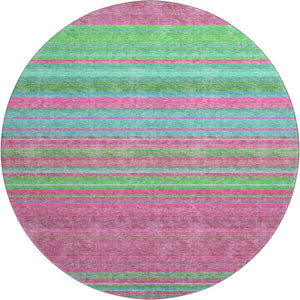 HomeRoots 8' Stylish Blush Green and Blue Striped Washable Round Rug with UV Protection for Easy Living Spaces 677294
