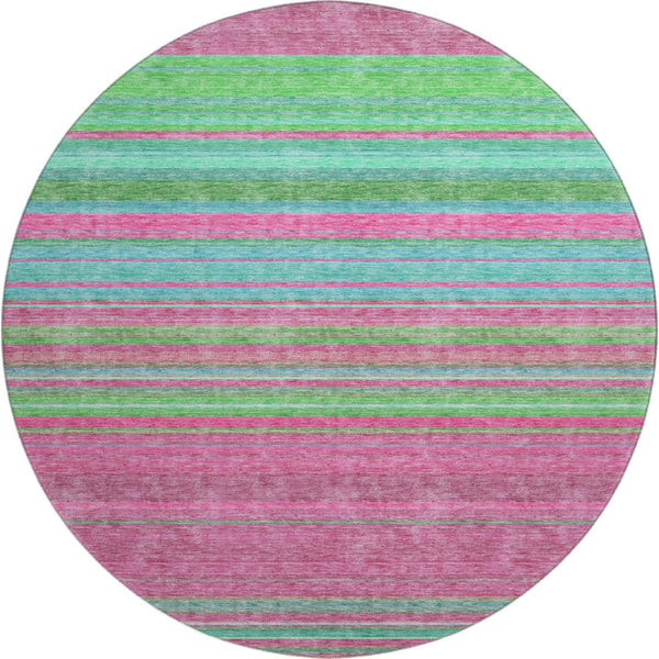 HomeRoots 8' Stylish Blush Green and Blue Striped Washable Round Rug with UV Protection for Easy Living Spaces 677294