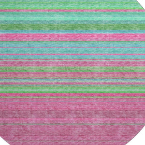 HomeRoots 8' Stylish Blush Green and Blue Striped Washable Round Rug with UV Protection for Easy Living Spaces 677294
