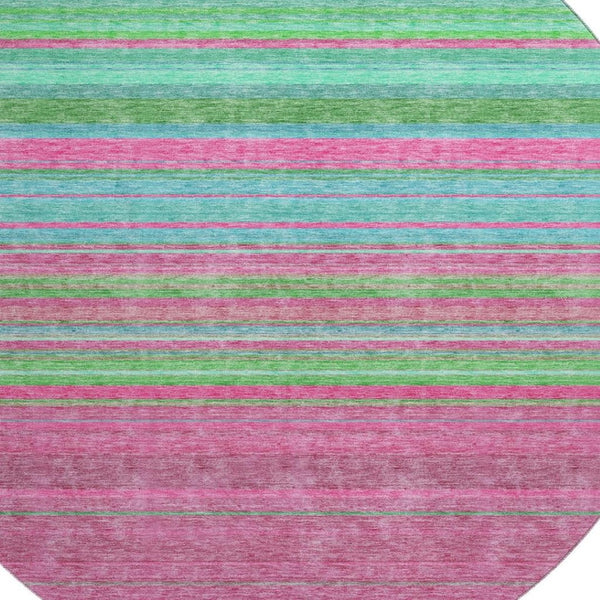 HomeRoots 8' Stylish Blush Green and Blue Striped Washable Round Rug with UV Protection for Easy Living Spaces 677294