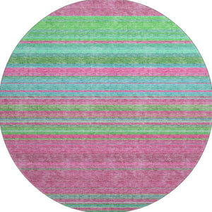 HomeRoots 8' Stylish Blush Green and Blue Striped Washable Round Rug with UV Protection for Easy Living Spaces 677294