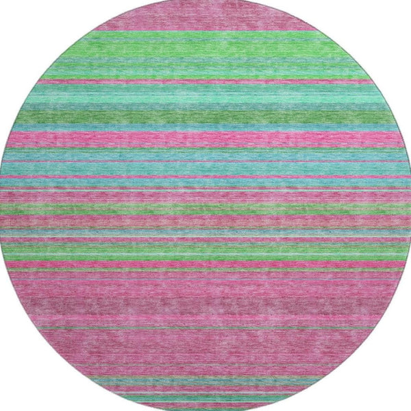 HomeRoots 8' Stylish Blush Green and Blue Striped Washable Round Rug with UV Protection for Easy Living Spaces 677294