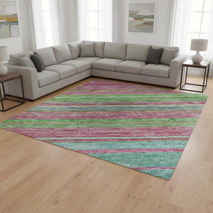 HomeRoots 8' X 10' Blush Green & Blue Striped Washable Area Rug - UV Protected, Stain Resistant & Soft Comfort 677295