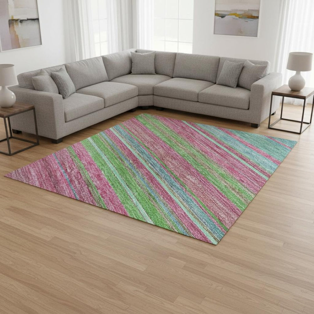 HomeRoots 9' Blush Green and Blue Striped Washable Area Rug with UV Protection for Modern Living Spaces 677296