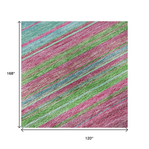 HomeRoots 10' Washable Blush Green & Blue Striped Area Rug with UV Protection – Perfect for High-Traffic Spaces! 677297