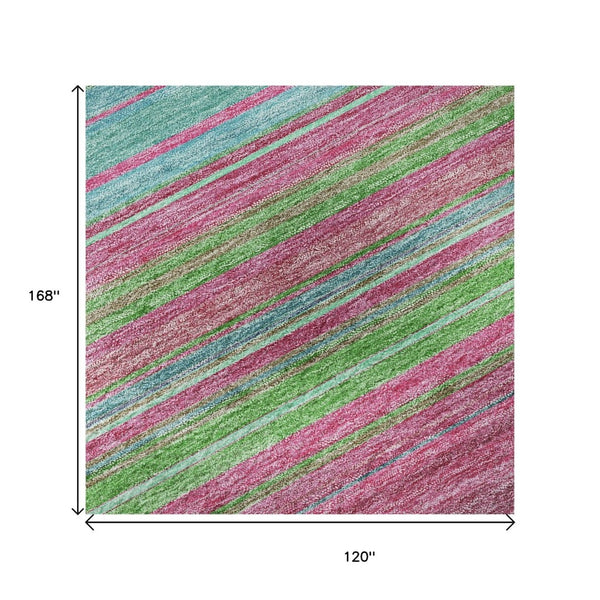 HomeRoots 10' Washable Blush Green & Blue Striped Area Rug with UV Protection – Perfect for High-Traffic Spaces! 677297