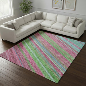 HomeRoots 10' Washable Blush Green & Blue Striped Area Rug with UV Protection – Perfect for High-Traffic Spaces! 677297