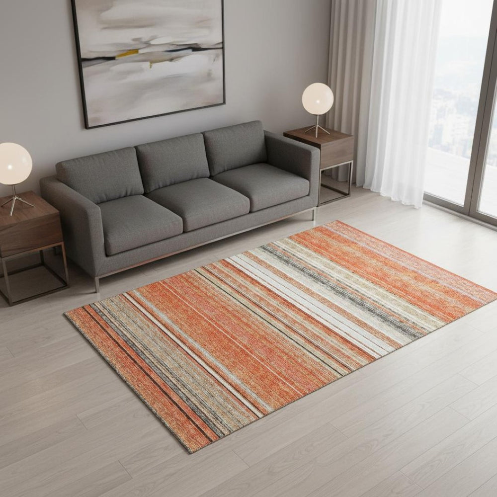 HomeRoots 5' Coral Gray and Beige Striped Washable Area Rug with UV Protection for Durable Everyday Style 677299