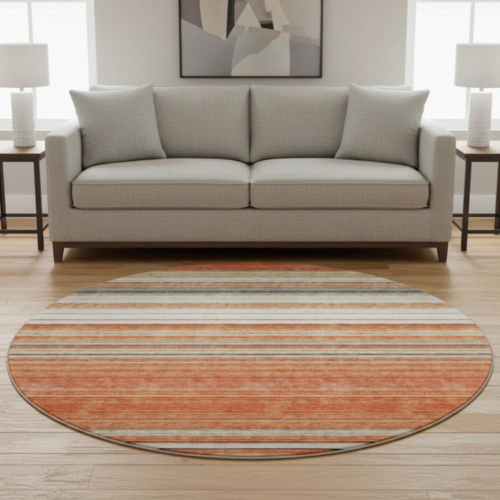 HomeRoots 8' Coral Gray and Beige Striped Washable Round Rug - UV Protected, Durable & Easy Care for Homes 677300