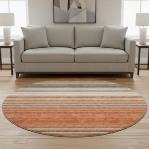 HomeRoots 8' Coral Gray and Beige Striped Washable Round Rug - UV Protected, Durable & Easy Care for Homes 677300