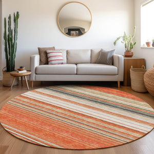 HomeRoots 8' Coral Gray and Beige Striped Washable Round Rug - UV Protected, Durable & Easy Care for Homes 677300