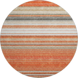 HomeRoots 8' Coral Gray and Beige Striped Washable Round Rug - UV Protected, Durable & Easy Care for Homes 677300