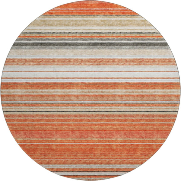 HomeRoots 8' Coral Gray and Beige Striped Washable Round Rug - UV Protected, Durable & Easy Care for Homes 677300