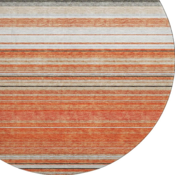 HomeRoots 8' Coral Gray and Beige Striped Washable Round Rug - UV Protected, Durable & Easy Care for Homes 677300