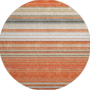 HomeRoots 8' Coral Gray and Beige Striped Washable Round Rug - UV Protected, Durable & Easy Care for Homes 677300