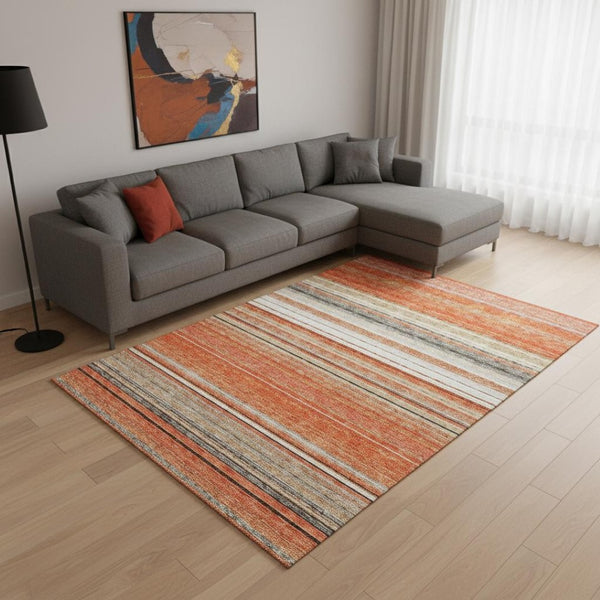 HomeRoots 8' X 10' Coral Gray & Beige Striped Area Rug - Stylish, Washable, UV-Protected for Family Spaces 677301