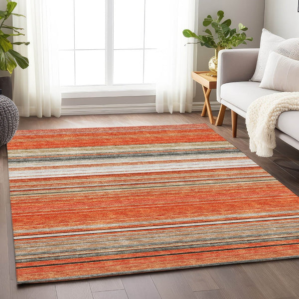 HomeRoots 8' X 10' Coral Gray & Beige Striped Area Rug - Stylish, Washable, UV-Protected for Family Spaces 677301