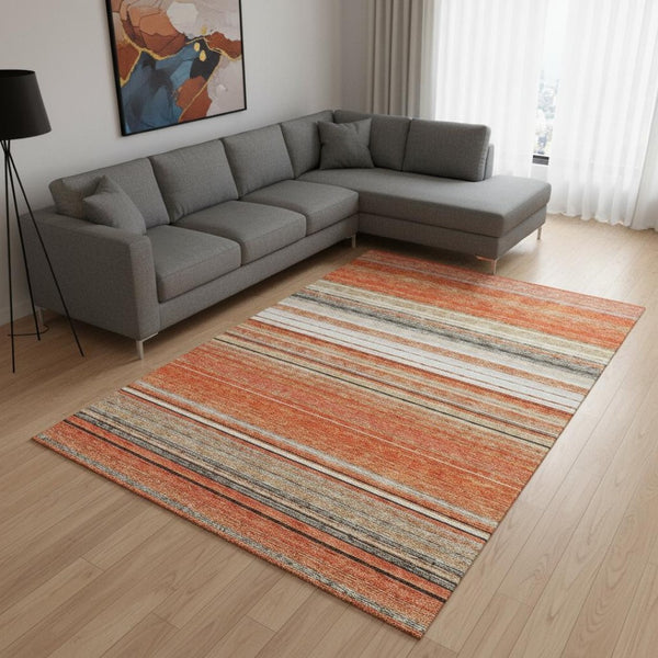 HomeRoots 9' X 12' Coral Gray Striped Washable Area Rug - Durable, UV-Protected, Stain-Resistant Design! 677302