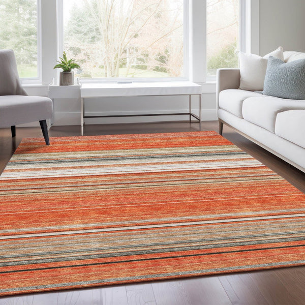 HomeRoots 9' X 12' Coral Gray Striped Washable Area Rug - Durable, UV-Protected, Stain-Resistant Design! 677302