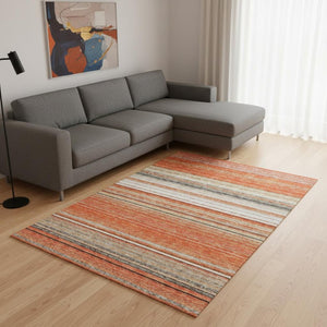 HomeRoots 10' X 14' Coral Gray and Beige Striped Washable Area Rug with UV Protection for Busy Homes 677303